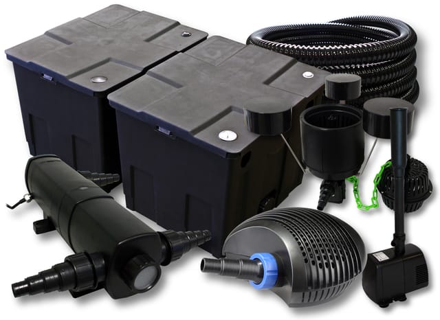 Sunsun Komplettset: Cbf-350b Teichfilter Bis 60000 L, Ctf-6000 Teichpumpe 6000l/h 40w, Cuv-218 Teichklärer 18w, 25m Teichschlauch 25 Mm, Csp-250 Skimmer 2500l/h 45w, Hj-943 Springbrunnen 800l/h 16w