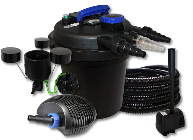Wiltec - Sunsun Komplettset: Cpf-180 Teichdruckfilter Bis 6000 L 11 Watt Uv-c Teichklärer, Ctf-6000 Teichpumpe 6000l/h 40w, 25m Teichschlauch 25 Mm, Csp-250 Skimmer 2500l/h 45w, Hj-943 Springbrunnen 800l/h 16w