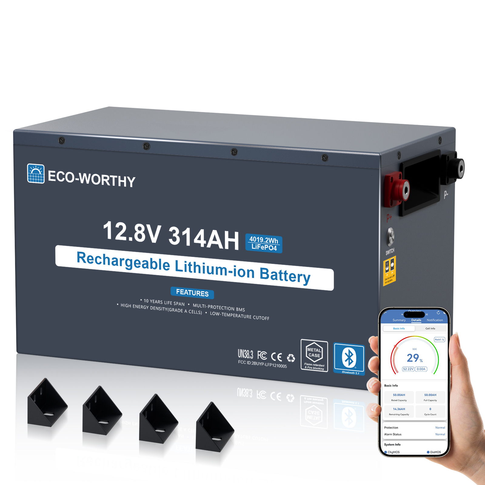 Eco-worthy 12v 314ah Energyrock Lifepo4 Batterie Metallgehäuse Mit 200a Bms,4019wh Kapazität Mit Bluetooth&sicherheitsschalter, Hochtemperaturbeständig&untertemperaturschutz Für Wohnmobile,wohnwagen