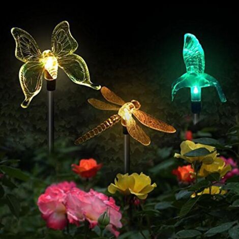 3er-set Solar-gartenleuchten In Schmetterlings-, Kolibri- Und Libellenform, Mehrfarbige Led-solarleuchten