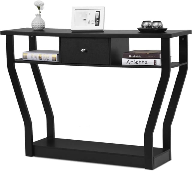 Konsolentisch Schwarz, Flurtisch Mit Schublade Und Regal, Beistelltisch Fuer Eingang, Wohnzimmer Schlafzimmer - Costway