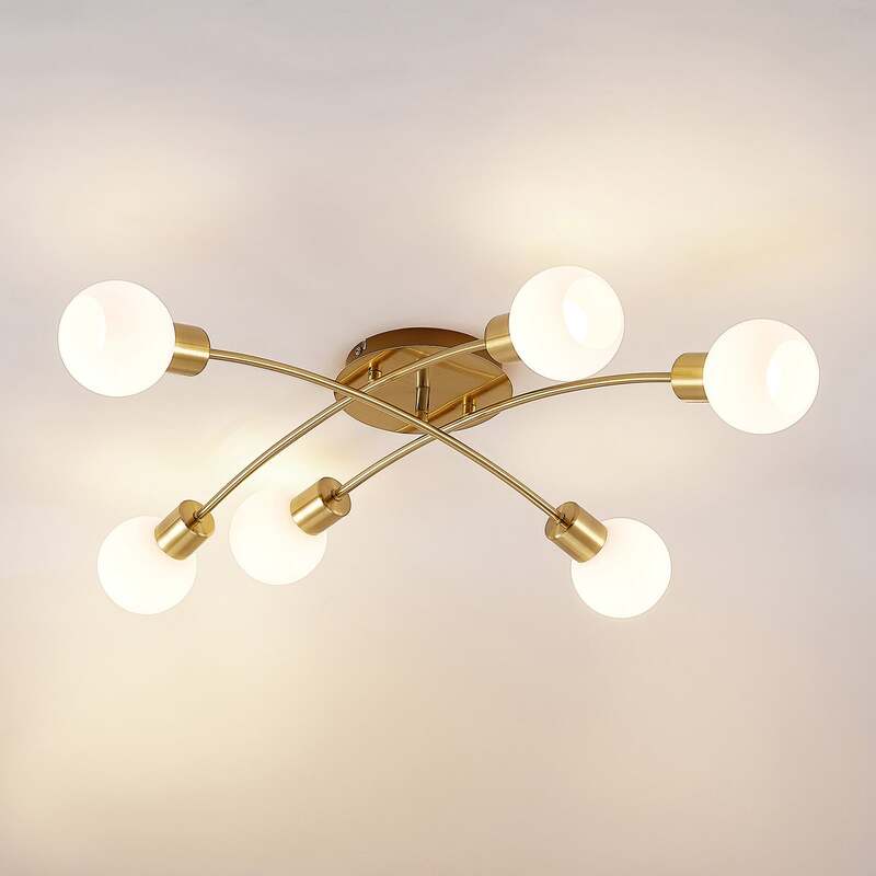 [neuwertig] B-ware Lindby Deckenleuchte Agmar Led Lampe Dimmbar 6-flg Messingfarben Glas 80x72cm