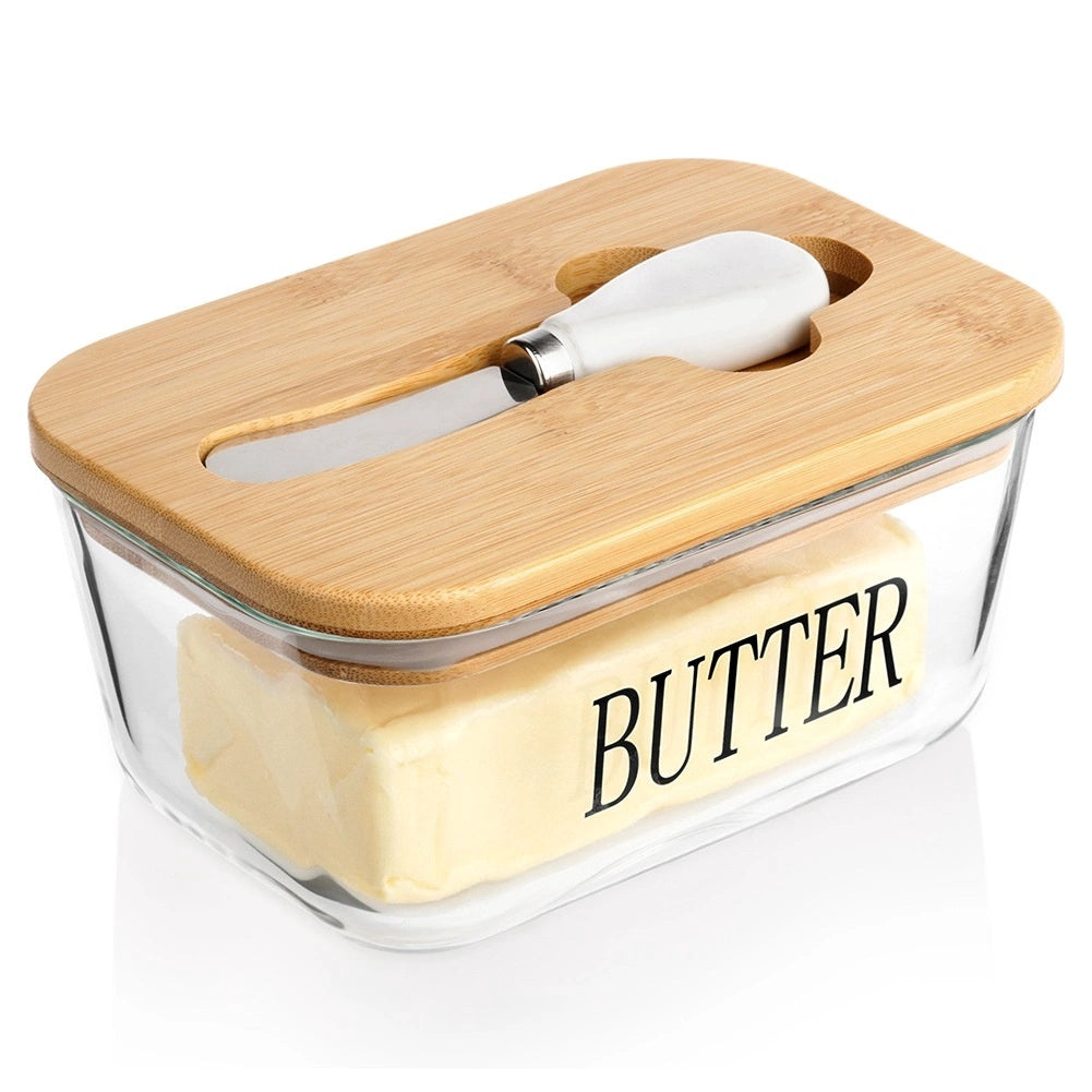 Butterdose Aus Glas Mit Bambusdeckel Und Passendem Messerset
