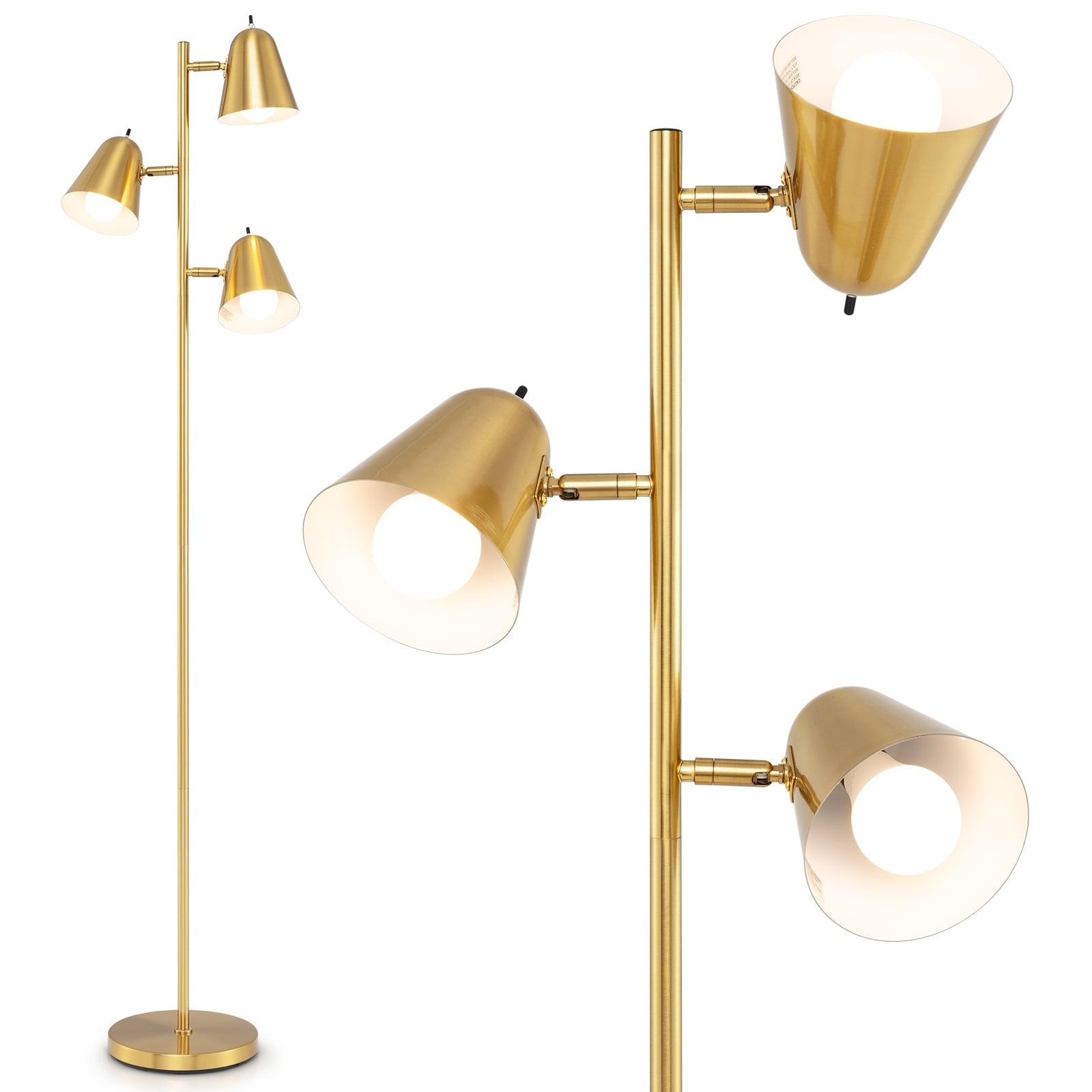 Stehlampe Mit 3 Verstellbaren E27-led-leuchtmitteln, Gold, 163 Cm