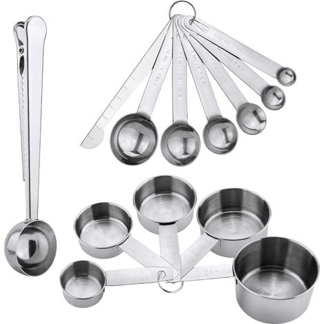 13-teiliges Messbesteck-set Aus Edelstahl Mit Messlineal, 5 Messbechern, 6 Messlöffeln Und Kaffeemesslöffel Mit Clip Für Trockene Und Flüssige Zutaten
