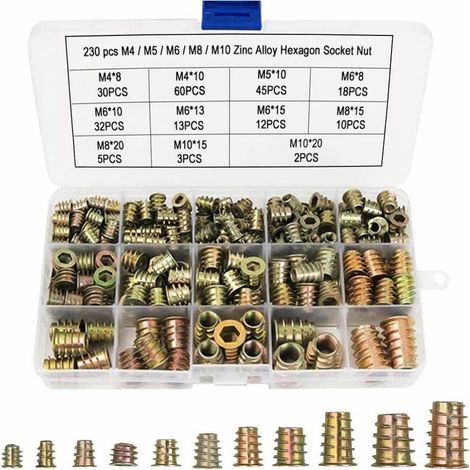 230 Stück M4 M5 M6 M8 M10 Sechskantmuttern – Gewindeeinsätze Aus Zinklegierung – Für Holzmöbel – Einfache Installation