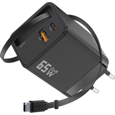 3-in-1-usb-c-ladegerät – 50 % Kompakter, Spannungsanzeige, 65-w-adapter, Schnellladegerät Mit Einziehbarem Usb-c-kabel, Schwarz