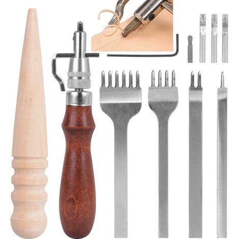 4 Stück Locher, Bastelwerkzeuge, Leder-nähgabeln + 5-in-1-nut + Holz-lederschleifer