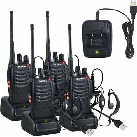 4 X Zweikanal-funk-walkie-talkies, 400–470 Mhz, Walkie-talkies Mit Original-kopfhörern, 16 Kanäle, Wiederaufladbar, Tragbares Radio, Fm-transmitter – Schwarz