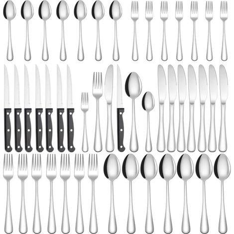 48-teiliges Besteckset – Edelstahl – Beinhaltet Steakmesser, Gabeln Und Löffel – Für 7 Personen – Ideal Für Zuhause, Partys Und Restaurants – Spülmaschinenfest