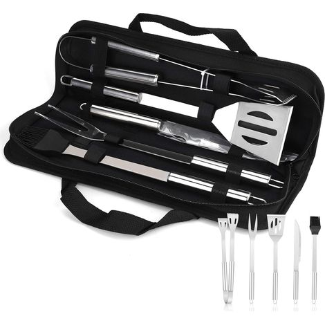 5-teiliges Grillbesteck-set Aus Edelstahl Mit Zange, Gabel, Schaber, Bürste Und Aufbewahrungstasche