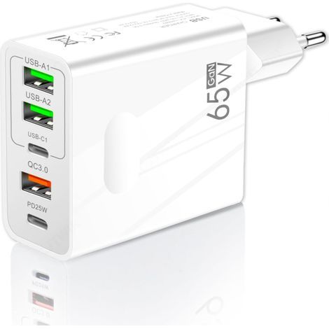 65-w-usb-ladegerät Mit 5 Anschlüssen: 2 Usb-c + 3 Usb-a Quick Charge Qc 3.0, Kompatibel Mit Samsung, Iphone, Xiaomi Usw.
