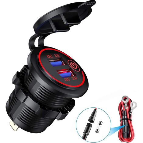 Aiducho Qc 3.0 Usb-ladegerät Für Motorräder, Wasserdichte 12 V/24 V-auto-usb-steckdose Mit Schalter Und Led, Für Autos, Motorräder, Busse, Anhänger, Boote, Rot
