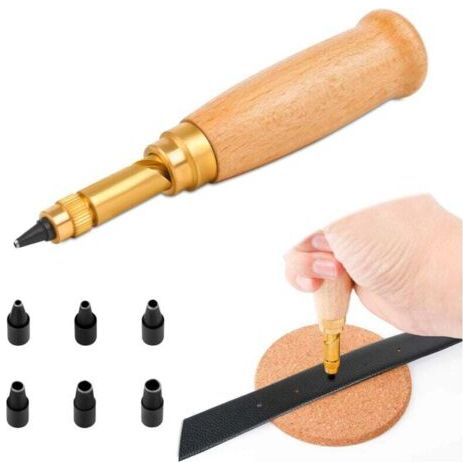 Automatischer Lederstanzer Mit Holzgriff Und 6 Werkzeugen, Buchbindespitzen, 1,5 Mm, 2 Mm, 2,5 Mm, 3 Mm, 3,5 Mm, 4 Mm, Austauschbare Stanzer, Zum Nähen, Leder, Papier, Basteln