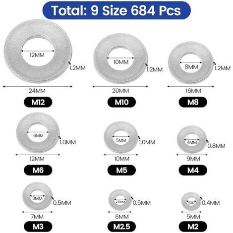 Basvii 684 Stück Edelstahl-metall-unterlegscheiben, Für Türscharniere, 9 Größen 304 Edelstahl-unterlegscheiben – M2 M2,5 M3 M4 M5 M6 M8 M10 M12 Karosserie-unterlegscheiben Aus Edelstahl