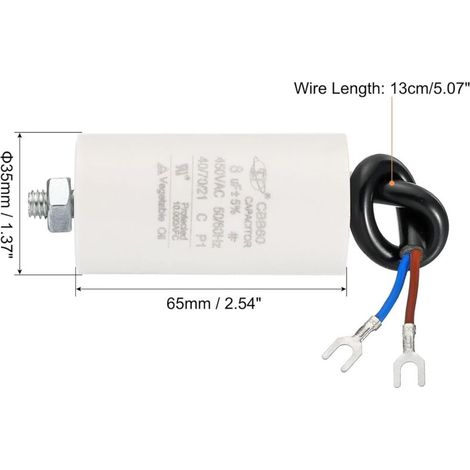 Cbb60 8uf Startkondensator, 2 Stück Ac 450 V 2-draht 50/60 Hz Zylinderboden Mit Schraube 65 X 35 Mm Betriebskondensator Für Waschmaschine, Star-wasserpumpenmotor