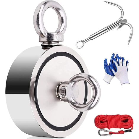 Doppelseitiger, Leistungsstarker Magnet, Angelmagnet, 770 Kg, 94 Mm, Superstarkes Neodym Zum Angeln, Münzsammeln, Schatzsuche Mit Enterseil, 20 M Karabiner, Ein Paar Handschuhe