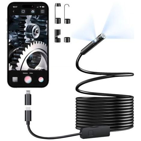 Doppelobjektiv-endoskopkamera Mit Beleuchtung, 1920p Hd-endoskop Mit 8+1 Einstellbaren Leds, Ip67 Wasserdicht, 5 M Halbstarres Schlangenkabel, Für Iphone, Ipad Und Android (typ C)