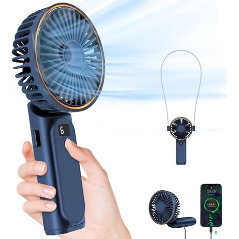 Dunkelblauer Tragbarer Handventilator, Um 180° Faltbarer Mini-ventilator, 6 Geschwindigkeiten, Lcd-display, Extrem Leise, 3600 Mah, Taschenformat, Für Drinnen Und Draußen, Mit Trageband