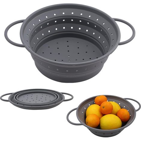 Faltbares Nudelsieb, 21 Cm, Faltbares Silikonsieb, Küchensiebe Mit Griffen, Einziehbares Nudelabtropfgestell Zum Abtropfen Von Teig, Gemüse, Früchten, Grau