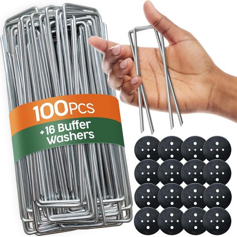 Gartenpfähle 100 Stück + 16 Unterlegscheiben – Befestigungsnägel Für Harten Boden, Gartenklammern – Verankerungspfahl Für Tomaten – Klammern Für Mulchgewebe Und Kunstrasen