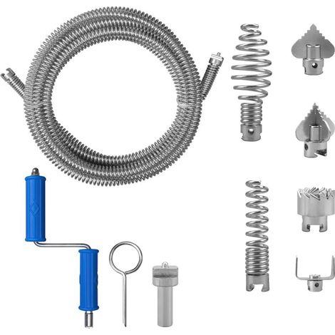 Professionelle Rohrreinigungsbürste Von 5 Metern Länge, Durchmesser 12 Mm, Inklusive 8 Reinigungsaufsätzen Und Elektrischen Adaptern Zur Effizienten Beseitigung Von Verstopfungen In Hausleitungen.