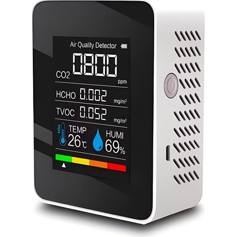 Houhence – 5-in-1-co2-raumluftqualitätsdetektor – Temperatur- Und Luftfeuchtigkeitsmonitor – Led-digitalanzeige – 1200-mah-akku-stromversorgung