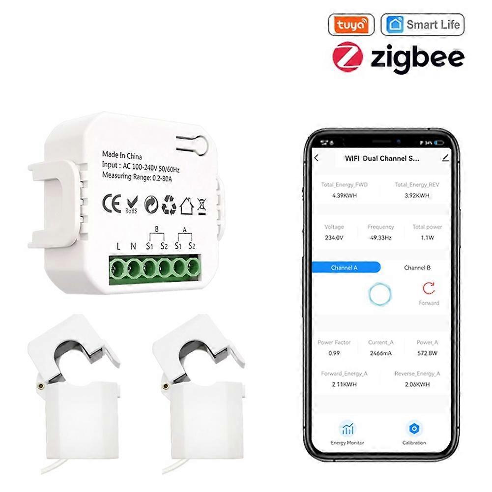 Compteur D'Énergie Zigbee Wifi Bidirectionnel Avec Capteur De Courant À Pince, Application Tuya Smart, Surveillance De La Puissance 80 A 240 V, 2 Canaux, 2 Ct