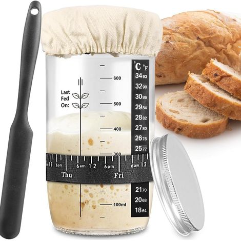 Sauerteig-starterglas 730 Ml, Starter-set Aus Glas Mit Dattelband, Thermometer, Deckel, Silikonspatel, Wiederverwendbares Backzubehör