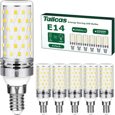 Set Mit 6 E14-led-lampen, Kaltweiß, 12 W (entspricht 100 W Halogen), Glühbirne Mit Edison-schraubsockel, E14, 6000 K, 1000 Lm, Nicht Dimmbar, Kein Flimmern, Ac 220–240 V, Für Kristall-kronleuchter, Ti