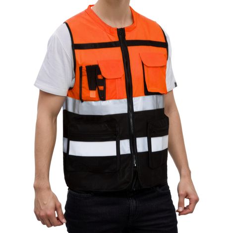 Sicherheitsweste, Gelb-orange, Arbeitsweste Mit Reißverschlusstasche, Reflektierende Streifen, Atmungsaktive Arbeitskleidung, Sicherheit, Freiwilligentransport