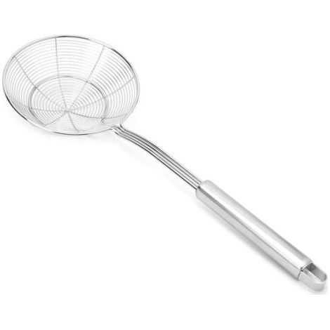 Spinnenskimmer Aus Edelstahl. Set Bestehend Aus 1 Professionellen Stahldrahtsieb Und Wasser- Oder Ölabtropffläche – Küchenskimmer Aus Metall – Griff Mit Hoher Hitzebeständigkeit – 39 Cm