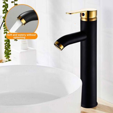 Vurahome – Badezimmer-waschtischarmatur, Mattschwarz, Einhebelmischer, Einloch-waschtischarmatur, Hoher Auslauf, Schwarz Und Gold