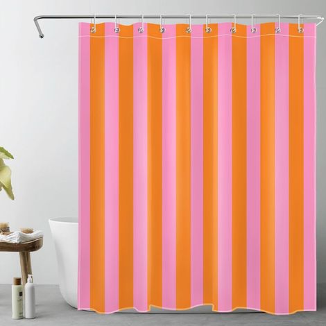 Vertikal Gestreifter Duschvorhang Aus Stoff Mit 10 Haken – Minimalistischer Wasserdichter Polyester-duschvorhang Für Badezimmer – Abstraktes Muster In Rosa Und Orange – 152,4 X 182,9 Cm