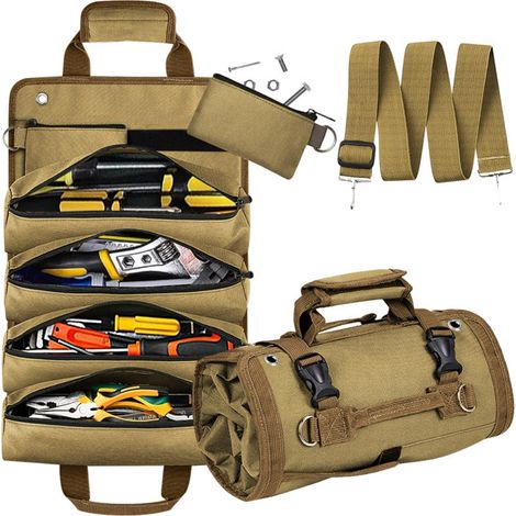 Werkzeugtasche, Aufrollbare Werkzeugtasche, Werkzeugtasche Mit 2 Abnehmbaren Taschen, Mehrzwecktasche Mit Riemen, Ideal Für Elektriker Und Klempner – Khaki