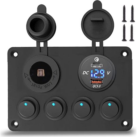 Wippschalter-panel Mit Usb C, Ip65 Wasserdichtes Aluminium-panel, Usb-ladegerät-zündbuchse + Digitales Voltmeter, 4 Integrierte 12 V/24 V-wippschalter, 15 A-sicherung
