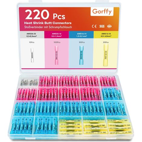 Wärmeschrumpfende Stoßverbinder, 220 Stück Crimpverbinder, Wärmeschrumpfdrahtverbinder Für 26–10 Awg-kabel, Crimp-stoßverbinder In Marinequalität (blau/rot/gelb/weiß)
