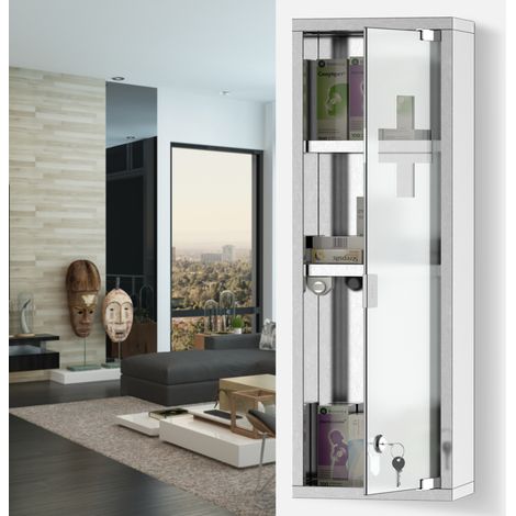 Medizinschrank - 2 Regalböden, 3 Ebenen - 20x12x58cm - Gehärtetes Glas, Kreuzsymbol - Massiver Edelstahl.