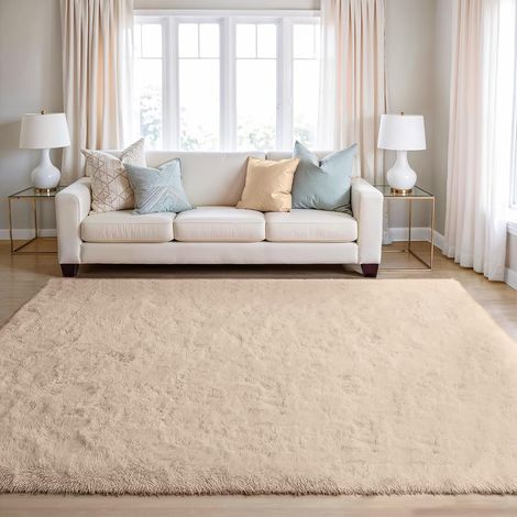 Zotteliger Wohnzimmerteppich, Moderner, Flauschiger Langflor-schlafzimmerteppich, Große, Weiche, Flauschige Bodenmatte Mit Rutschfester Unterseite, Sandbeige, 120 X 170 Cm