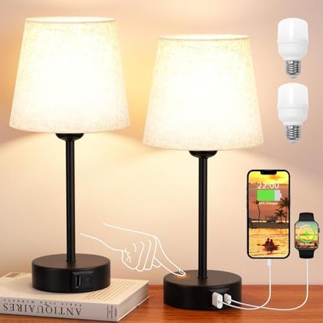 Oidipie – Set Aus 2 Berührungsempfindlichen Nachttischlampen – 3-stufig Dimmbar – Beigefarbener Leinenschirm – Usb-a+c-anschlüsse Für Schnelles Aufladen