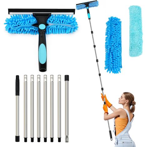 3.1m Fensterreiniger, 3-in-1-fensterreinigungsset Mit Silikon-abzieher Und Mikrofaserbürste, Professioneller Fensterabzieher, Teleskop-fensterreiniger Mit 270° Drehbarem Kopf, Blau