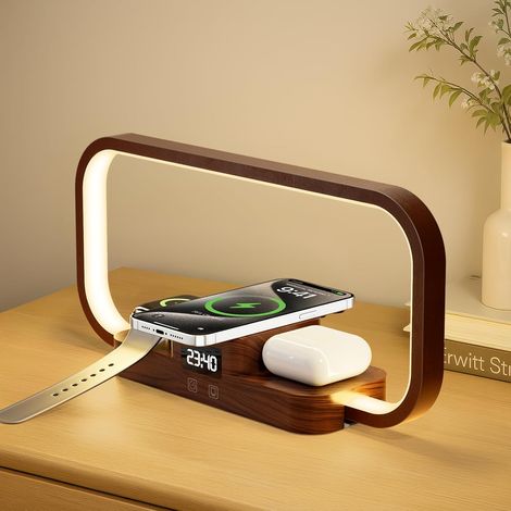 3-in-1-nachttischlampe Mit Kabellosem Ladegerät Und Usb-anschluss – 5 Dimmbare Farben, Touch-steuerung – Modernes Braunes Design Für Schlafzimmer