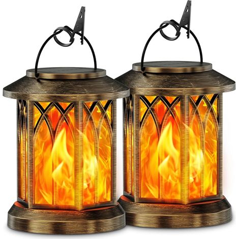 Gearlite Set Mit 2 Dekorativen Solar-hängelaternen Für Den Garten, Flammeneffekt, Ip65 Wasserdicht, Mit Befestigungsclips Für Rasen Und Garten.