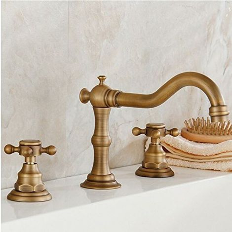 Vurahome – Massiver Messing-wasserhahn Mit Zwei Griffen Und Drei Löchern, Breiter Badezimmer-waschtischarmatur Aus Messing, Antike Deckmontage, Badewannenarmaturen, Langlebige, Flexible Vintage-wasser