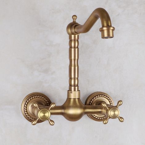 Wandmontierter Küchenarmatur Aus Messing Im Retro-stil, Wandmontierter Spültischmischer Mit Doppelgriff In Antikbronze, Um 360° Drehbarer Badezimmer-wandmischer Aus Kupfer, 16 Cm Auslauf
