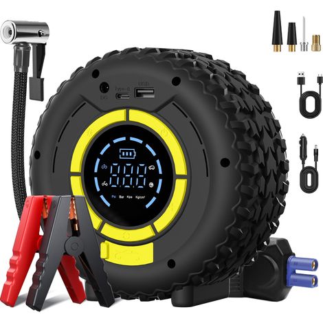 150 Psi Autobatterie-booster Und Reifenfüller – 120 W Auto-starthilfe, Tragbarer Luftkompressor, 4 Intelligente Modi, Lcd-display, Led-beleuchtung Und Sos