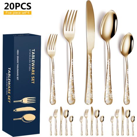 20-teiliges Besteckset Aus Edelstahl, Hochglanzpoliert, Blumenbesteck, Inklusive Messer, Gabel, Teelöffel Für Küche, Restaurant, Party (gold)