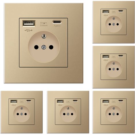 6er-pack Wandsteckdose Mit Usb Und Typ C, 5 V, 2,1 A, Eu-standard-usb-einbausteckdose, Französische Steckdosenleiste, 110–250 V (gold)