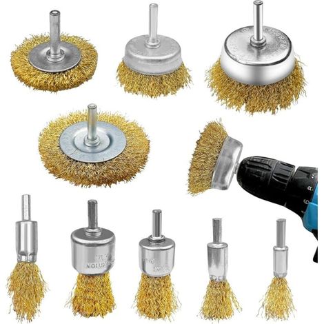 Alovez 9er-set Metallbürsten Für Bohrmaschinen, Messingbürsten Für Bohrmaschinen Mit 6-mm-schaft, Schleifbürsten, Schraubendreher-bohrer Zum Reinigen Von Holz Und Metall, Entfernen Von Rost/korrosion/