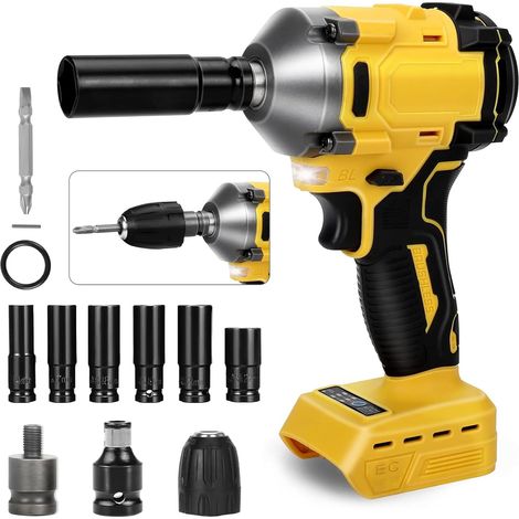 Akku-schlagschrauber, 1000 Nm 1/2 Zoll Bürstenlose Schlagpistole, Kompatibel Mit Dewalt 18 V 21 V, Elektrischer Schlagschrauber, 3 Geschwindigkeitseinstellungen Und 12 Zubehörteile – Keine Batterie